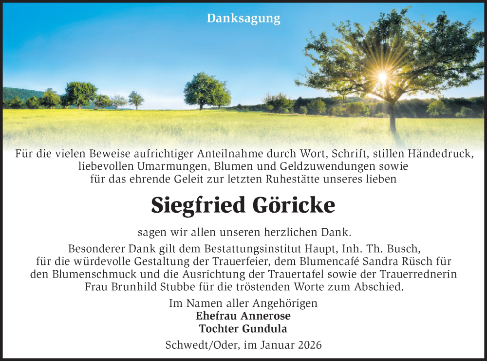  Traueranzeige für Siegfried Göricke vom 31.01.2026 aus MO Uckerm.-Anz.