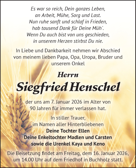 Traueranzeige von Siegfried Henschel von Märkische Oderzeitung