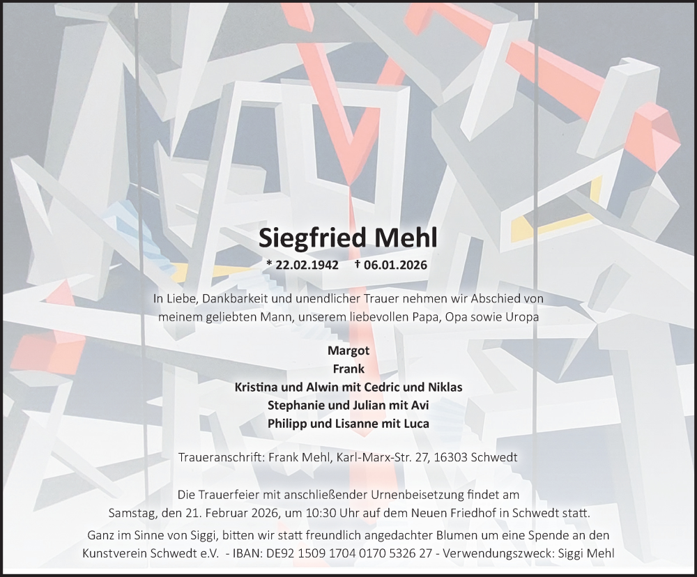  Traueranzeige für Siegfried Mehl vom 31.01.2026 aus MO Uckerm.-Anz.