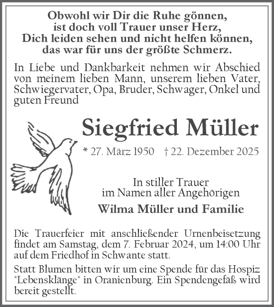 Traueranzeige von Siegfried Müller von Märkische Oderzeitung