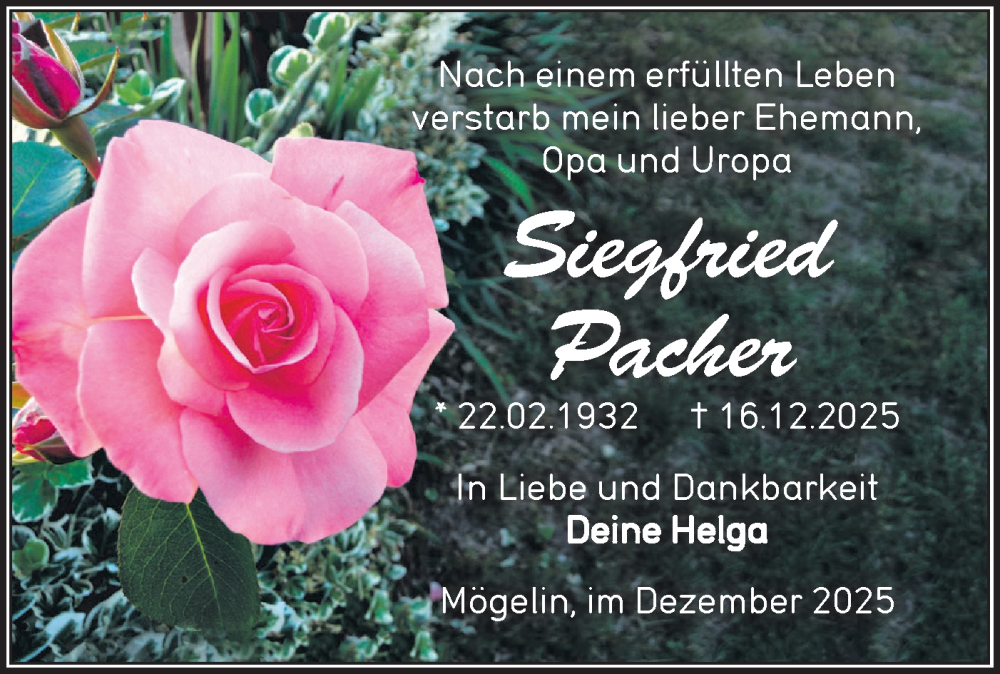  Traueranzeige für Siegfried Pacher vom 03.01.2026 aus Märkische Oderzeitung