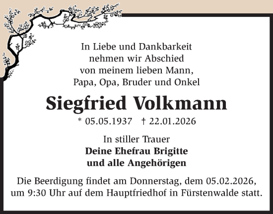 Traueranzeige von Siegfried Volkmann von Märkische Oderzeitung