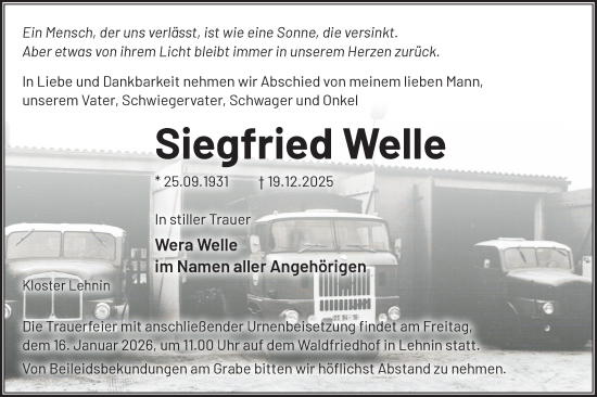 Traueranzeige von Siegfried Welle von Märkische Oderzeitung