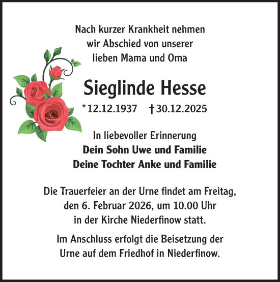 Traueranzeige von Sieglinde Hesse von Märkische Oderzeitung