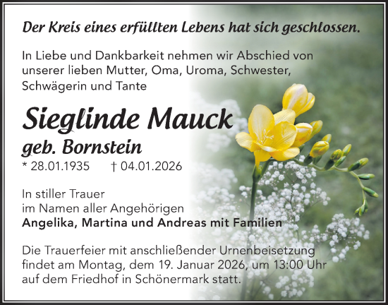 Traueranzeige von Sieglinde Mauck von Märkische Oderzeitung