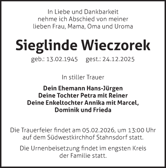 Traueranzeige von Sieglinde Wieczorek von Blickpunkt Ludwigsfelde/Zossen