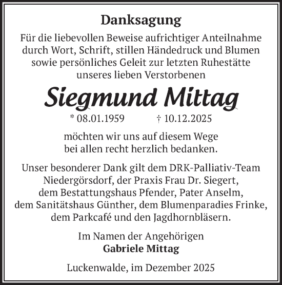 Traueranzeige von Siegmund Mittag von Blickpunkt Jüterbog/Luckenwalde