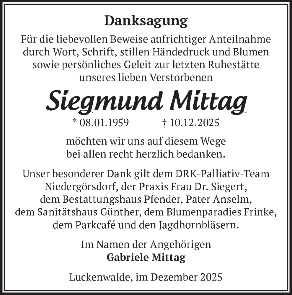  Traueranzeige für Siegmund Mittag vom 10.01.2026 aus Blickpunkt Jüterbog/Luckenwalde