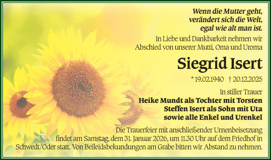 Traueranzeige von Siegrid Isert von MO Uckerm.-Anz.