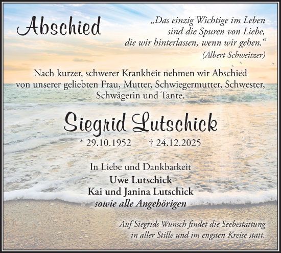 Traueranzeige von Siegrid Lutschick von Märkische Oderzeitung