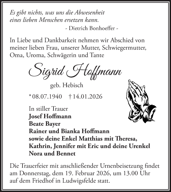 Traueranzeige von Sigrid Hoffmann von Blickpunkt Ludwigsfelde/Zossen