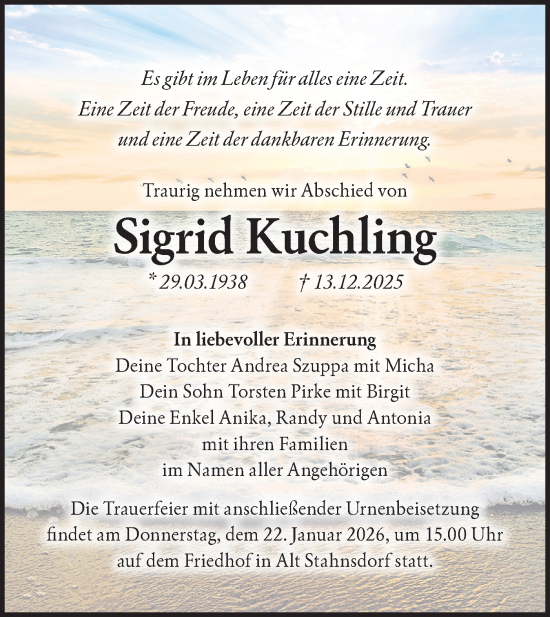 Traueranzeige von Sigrid Kuchling von Märkische Oderzeitung