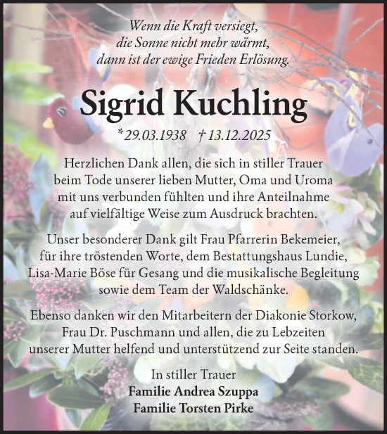 Traueranzeige von Sigrid Kuchling von Märkische Oderzeitung