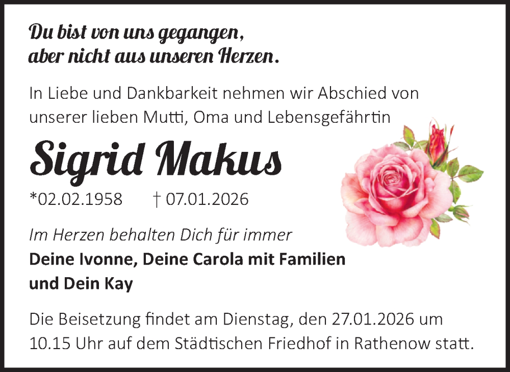  Traueranzeige für Sigrid Makus vom 17.01.2026 aus Märkische Oderzeitung