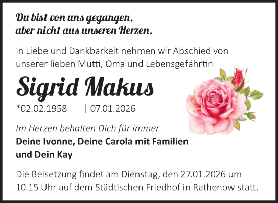 Traueranzeige von Sigrid Makus von Märkische Oderzeitung