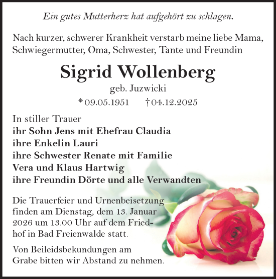 Traueranzeige von Sigrid Wollenberg von MO Oderld.-Echo