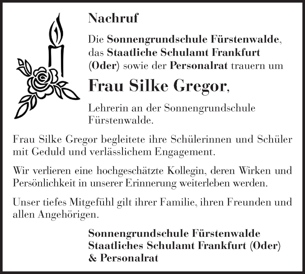  Traueranzeige für Silke Gregor vom 24.01.2026 aus Märkische Oderzeitung