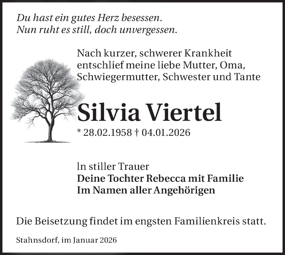  Traueranzeige für Silvia Viertel vom 17.01.2026 aus Blickpunkt Potsdam/Werder