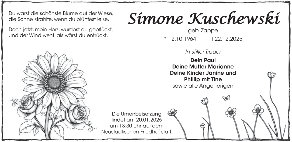  Traueranzeige für Simone Kuschewski vom 10.01.2026 aus Märkische Oderzeitung