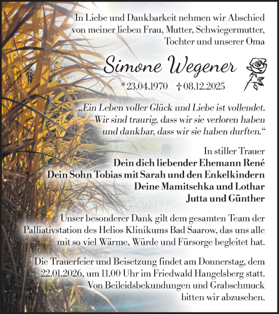 Traueranzeige von Simone Wegener von Märkische Oderzeitung