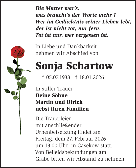Traueranzeige von Sonja Schartow von MO Uckerm.-Anz.