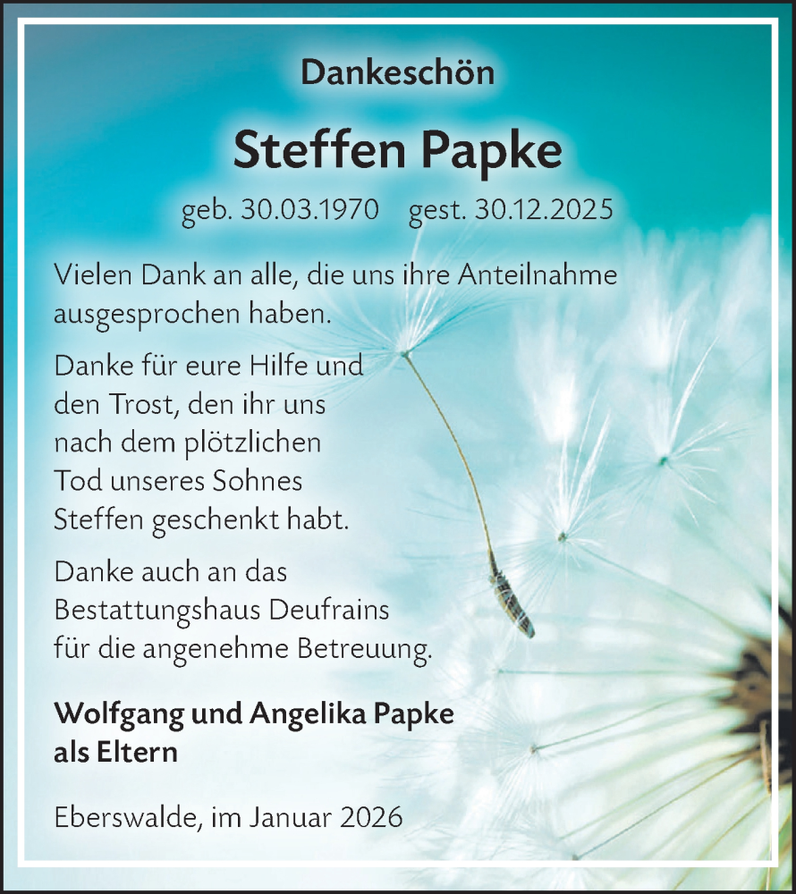  Traueranzeige für Steffen Papke vom 24.01.2026 aus Märkische Oderzeitung