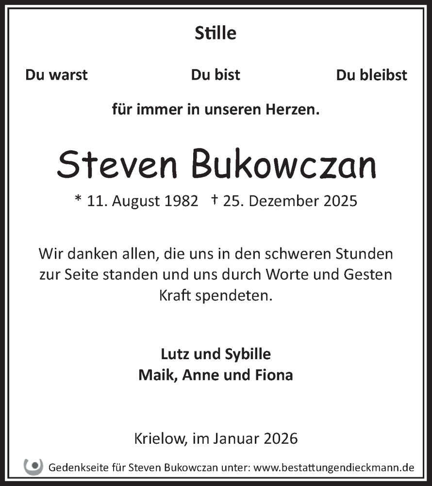  Traueranzeige für Steven Bukowczan vom 24.01.2026 aus Märkische Oderzeitung