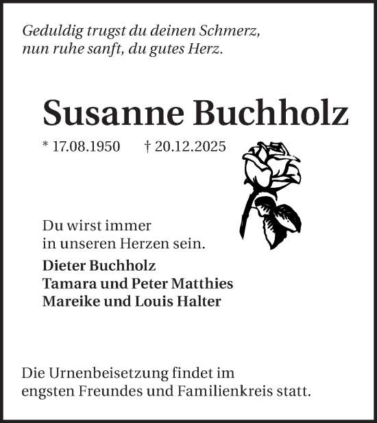 Traueranzeige von Susanne Buchholz von Märkische Oderzeitung