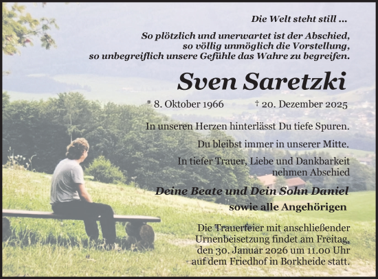 Traueranzeige von Sven Saretzki von Märkische Oderzeitung