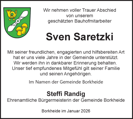 Traueranzeige von Sven Saretzki von Märkische Oderzeitung