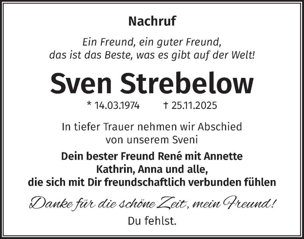  Traueranzeige für Sven Strebelow vom 17.01.2026 aus Märkische Oderzeitung