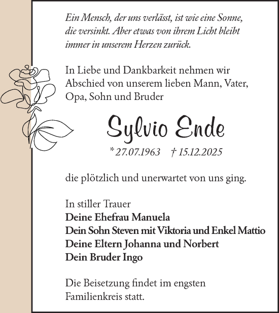 Traueranzeige von Sylvio Ende von Märkische Oderzeitung