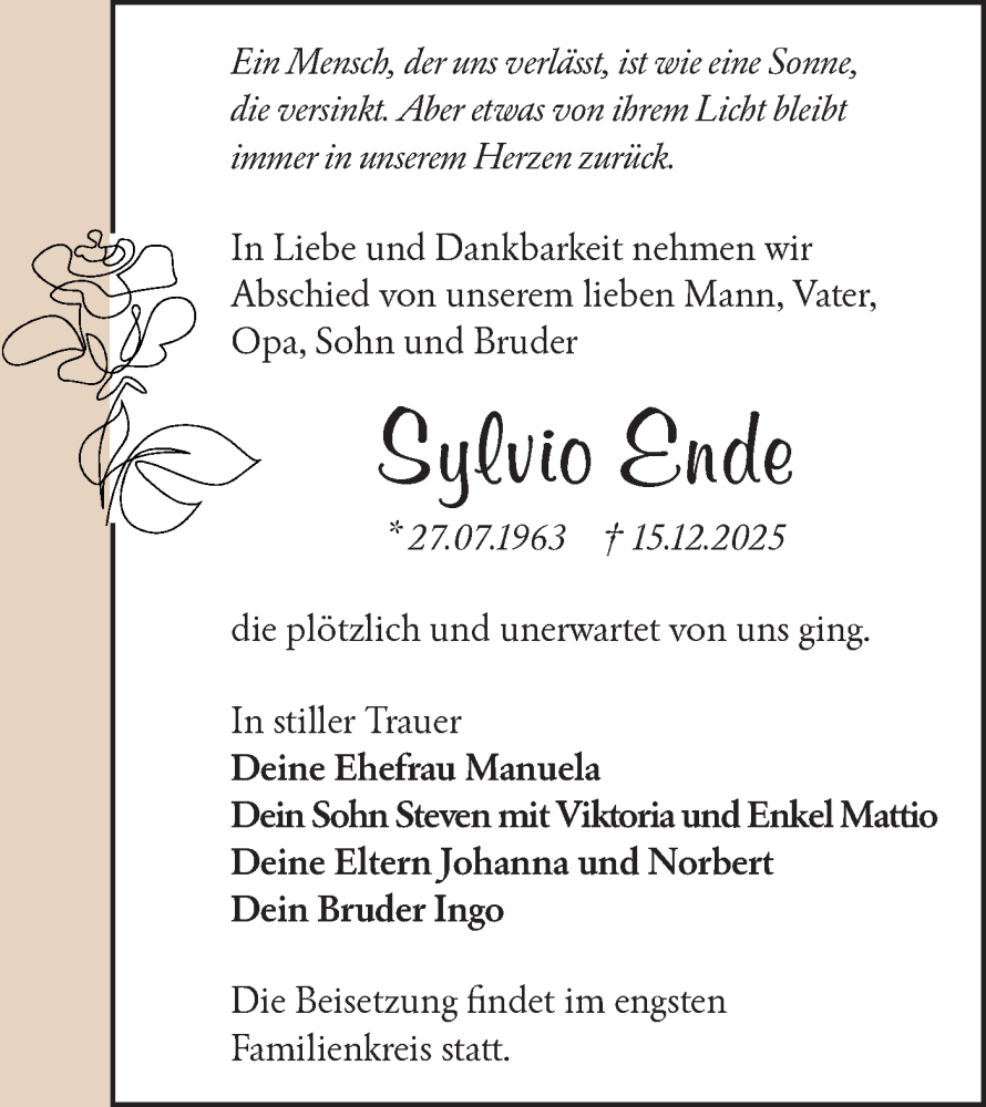  Traueranzeige für Sylvio Ende vom 03.01.2026 aus Märkische Oderzeitung