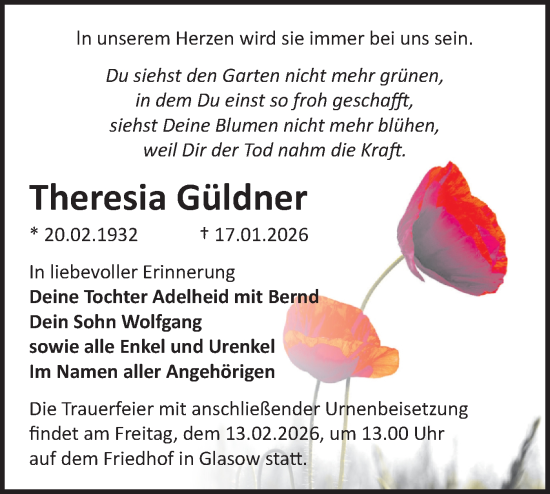 Traueranzeige von Theresia Güldner von Blickpunkt Ludwigsfelde/Zossen