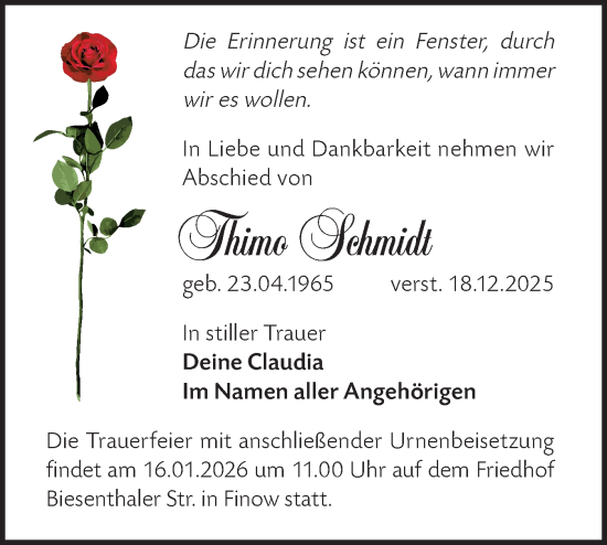 Traueranzeige von Thimo Schmidt von Märkische Oderzeitung