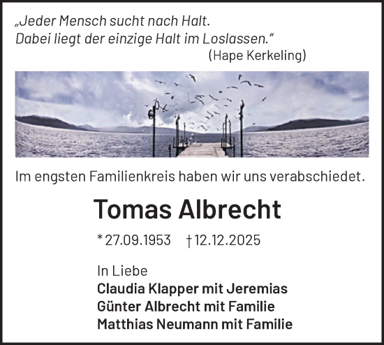 Traueranzeige von Tomas Albrecht von Märkische Oderzeitung