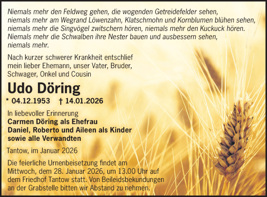 Traueranzeige von Udo Döring von MO Uckerm.-Anz.