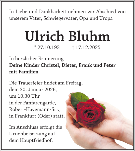 Traueranzeige von Ulrich Bluhm von Märkische Oderzeitung