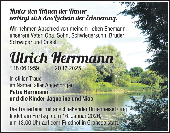 Traueranzeige von Ulrich Herrmann von Märkische Oderzeitung