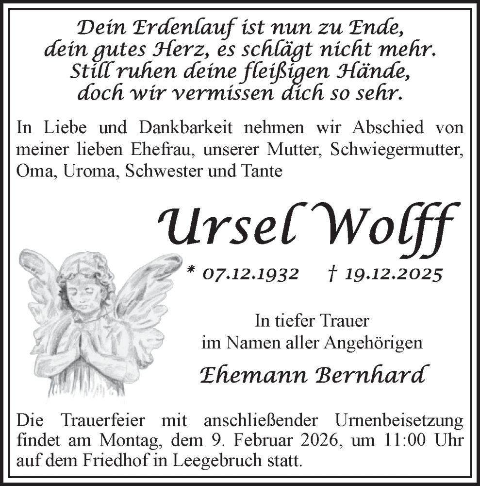  Traueranzeige für Ursel Wolff vom 24.01.2026 aus Märkische Oderzeitung