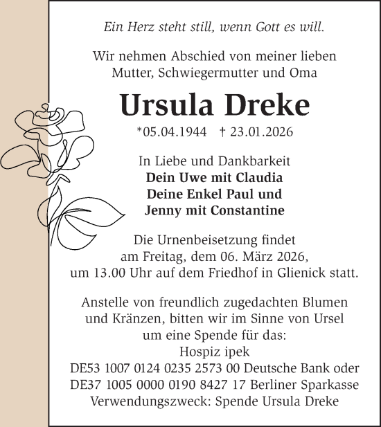 Traueranzeige von Ursula Dreke von Blickpunkt Ludwigsfelde/Zossen