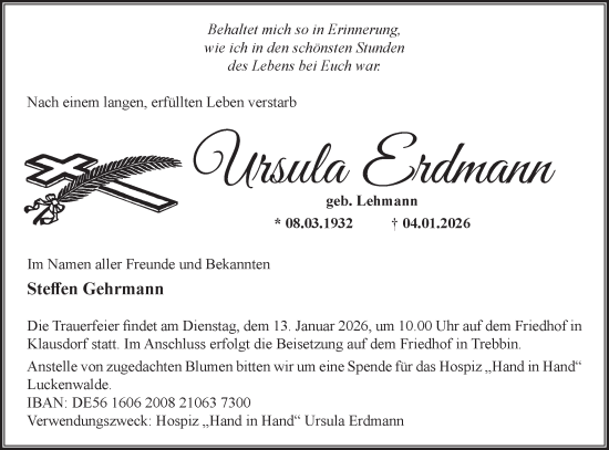 Traueranzeige von Ursula Erdmann von Blickpunkt Jüterbog/Luckenwalde