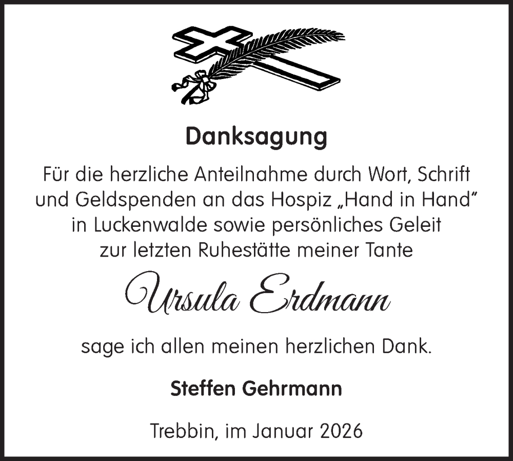  Traueranzeige für Ursula Erdmann vom 24.01.2026 aus Blickpunkt Ludwigsfelde/Zossen