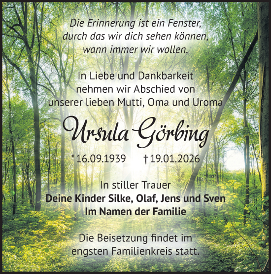 Traueranzeige von Ursula Görbing von Märkische Oderzeitung