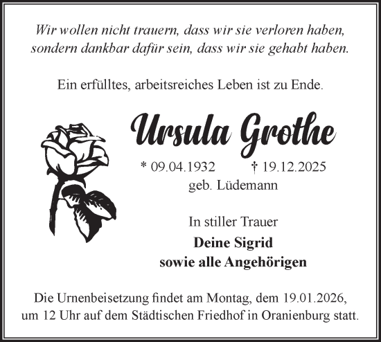 Traueranzeige von Ursula Grothe von Märkische Oderzeitung