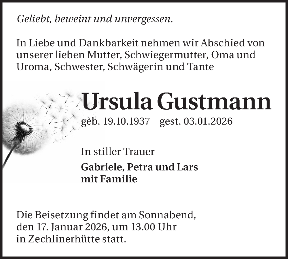  Traueranzeige für Ursula Gustmann vom 10.01.2026 aus Märkische Oderzeitung