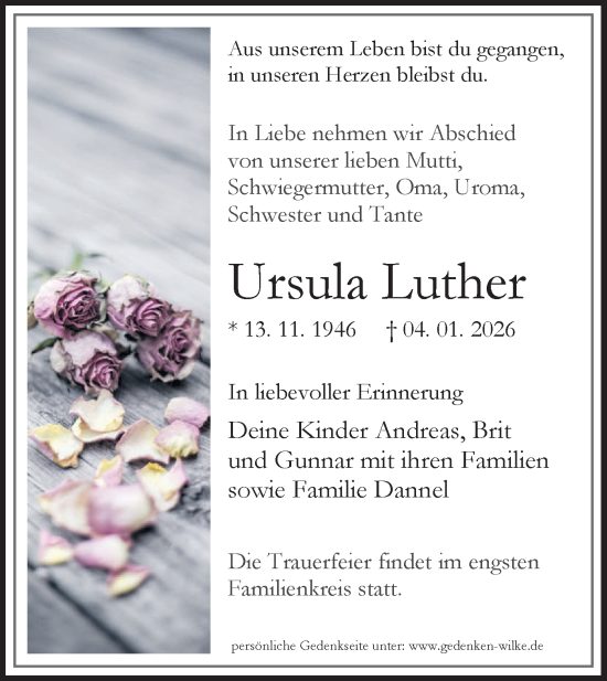 Traueranzeige von Ursula Luther von Blickpunkt Königs Wusterhausen