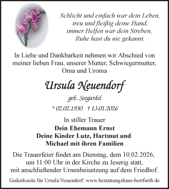 Traueranzeige von Ursula Neuendorf von Märkische Oderzeitung