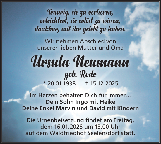 Traueranzeige von Ursula Neumann von Märkische Oderzeitung