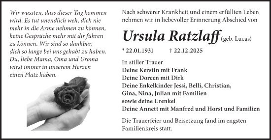 Traueranzeige von Ursula Ratzlaff von Märkische Oderzeitung
